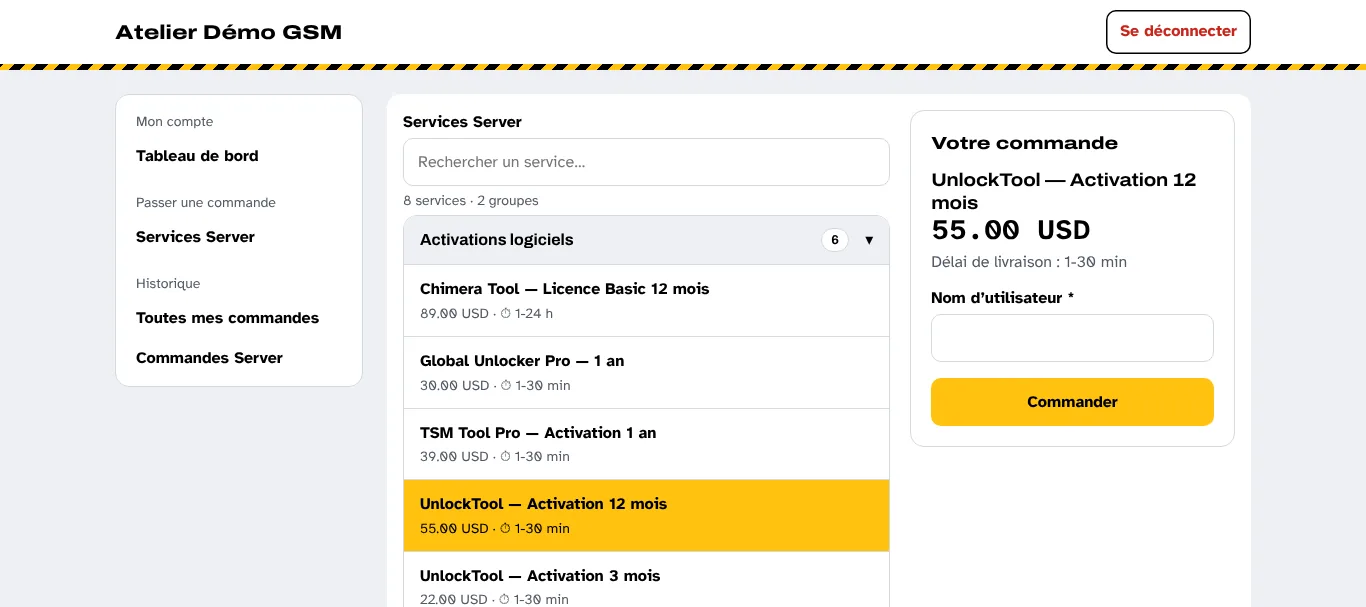 Portail client d’un technicien sur Invincibo SaaS : choix d’un service UnlockTool et formulaire de commande (données de démonstration)
